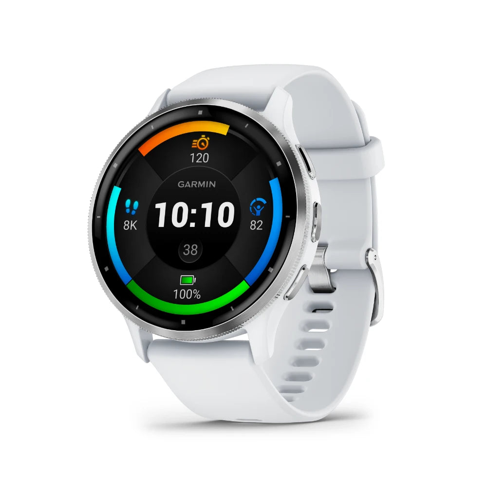 Garmin Venu 3 smartwatch displaying health metrics and time on a white strap.