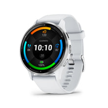 Garmin Venu 3 smartwatch displaying health metrics and time on a white strap.