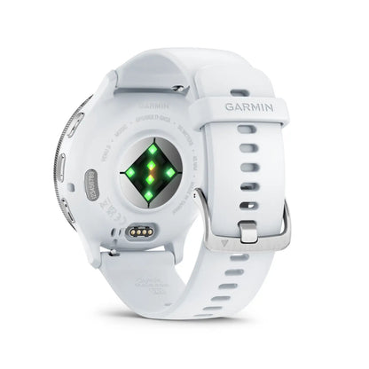 Garmin Venu 3 Whitestone – rear sensor and charging ring detail