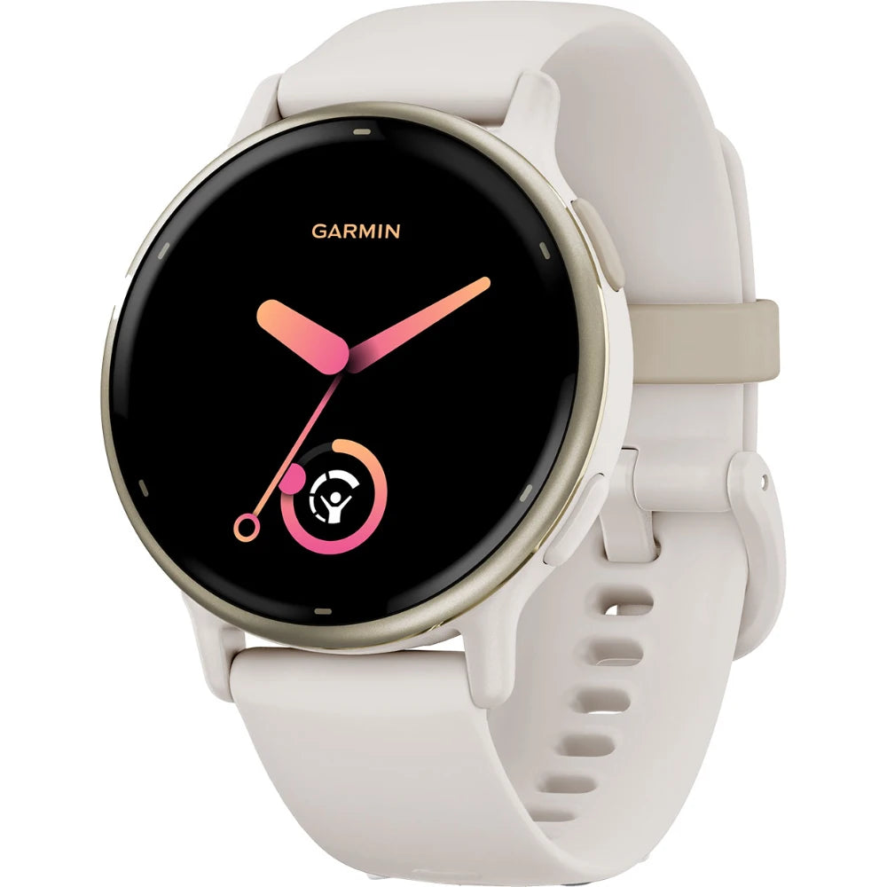 Garmin smartwatch with a round face, displaying colorful watch hands and icons on a black background, featuring a white strap.
