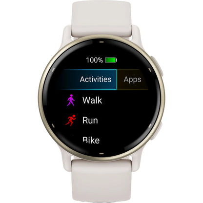 Smartwatch display showing activity options including Walk, Run, and Bike, with a battery level indicator at 100%.