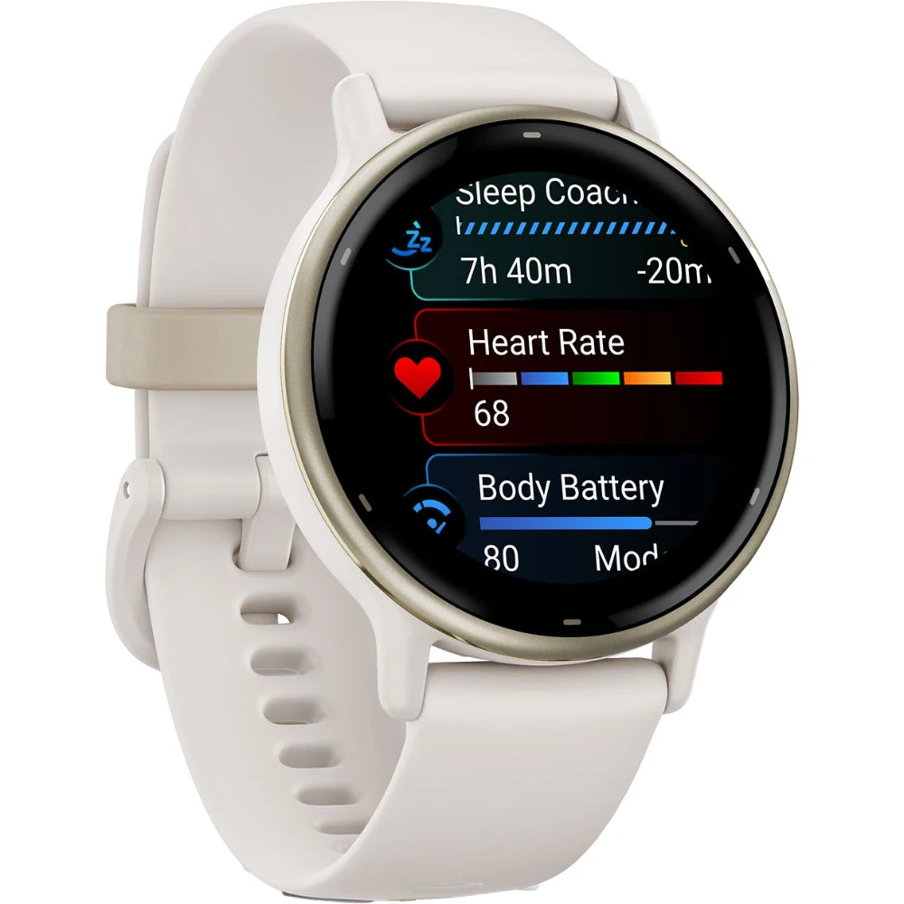Close-up of a smartwatch with a white strap displaying health metrics including sleep duration, heart rate at 68, and body battery level at 80.