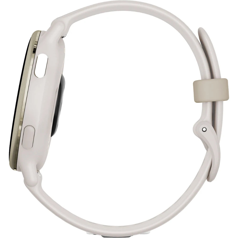 Side view of a smartwatch with a white band and a round face, featuring buttons on the side and a secure clasp.