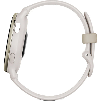 Side view of a smartwatch with a white band and a round face, featuring buttons on the side and a secure clasp.