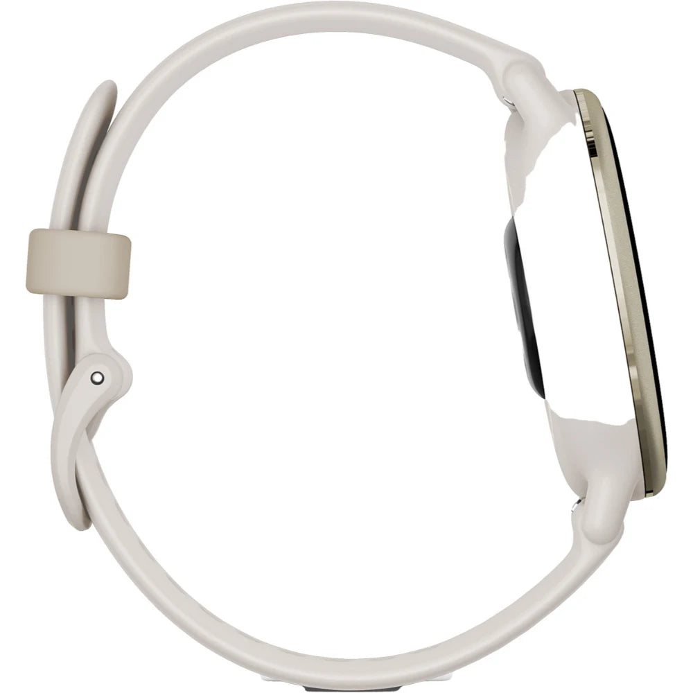 Side view of a modern smartwatch with a round face and a sleek, light-colored band.