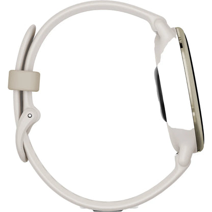 Side view of a modern smartwatch with a round face and a sleek, light-colored band.