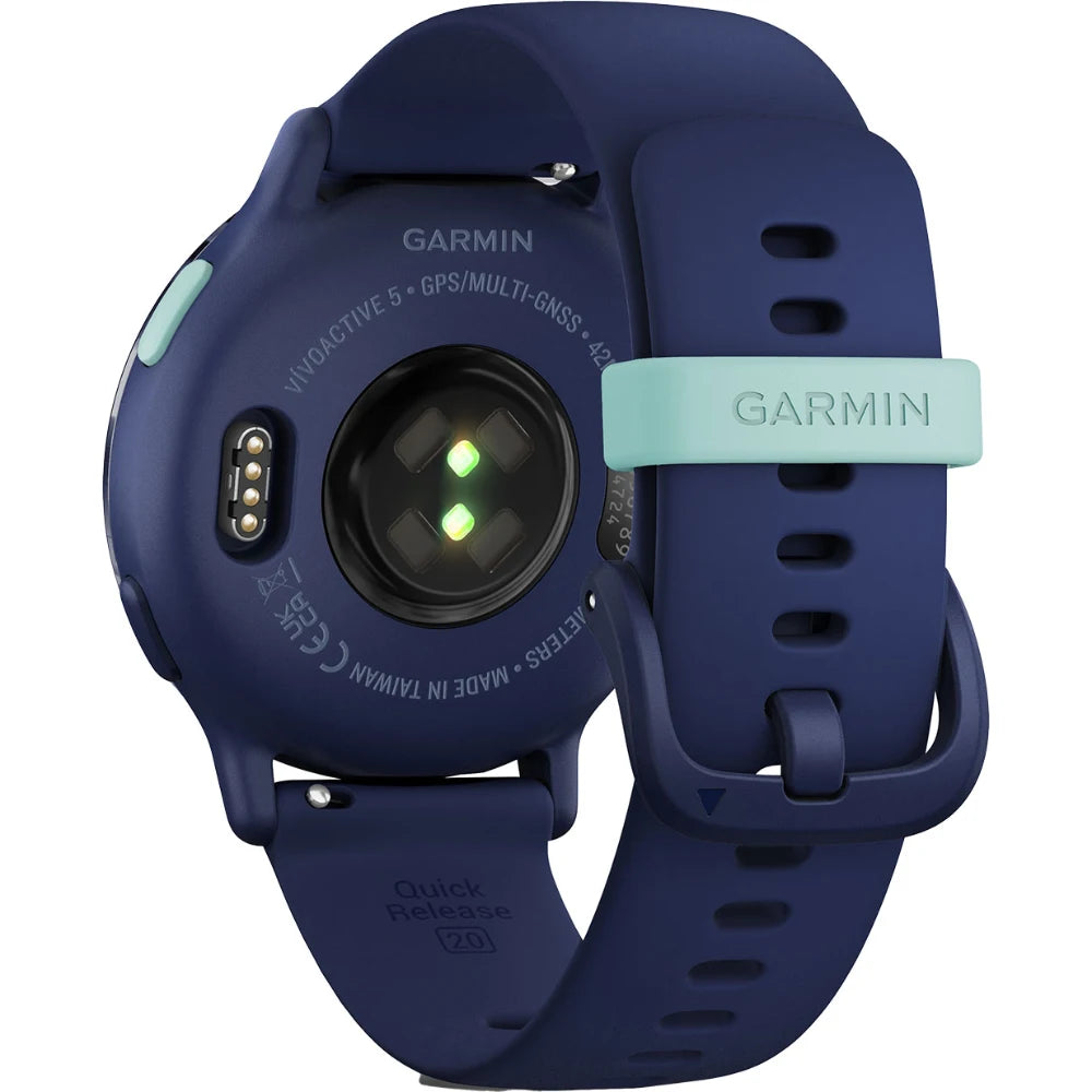 Back view of a Garmin Venu 5 smartwatch featuring a navy blue silicone strap, heart rate sensors, and a quick release mechanism.
