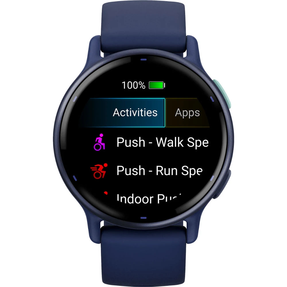 Close-up of a smartwatch screen displaying activity options including 'Push - Walk Spec,' 'Push - Run Spec,' and 'Indoor Push,' with a battery level indicator showing 100%.