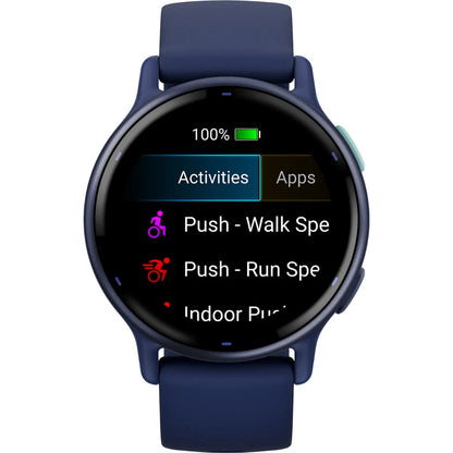 Close-up of a smartwatch screen displaying activity options including 'Push - Walk Spec,' 'Push - Run Spec,' and 'Indoor Push,' with a battery level indicator showing 100%.