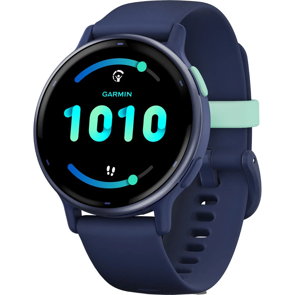 A Garmin smartwatch displaying the number 1010 on a dark screen, with a blue and mint green strap.