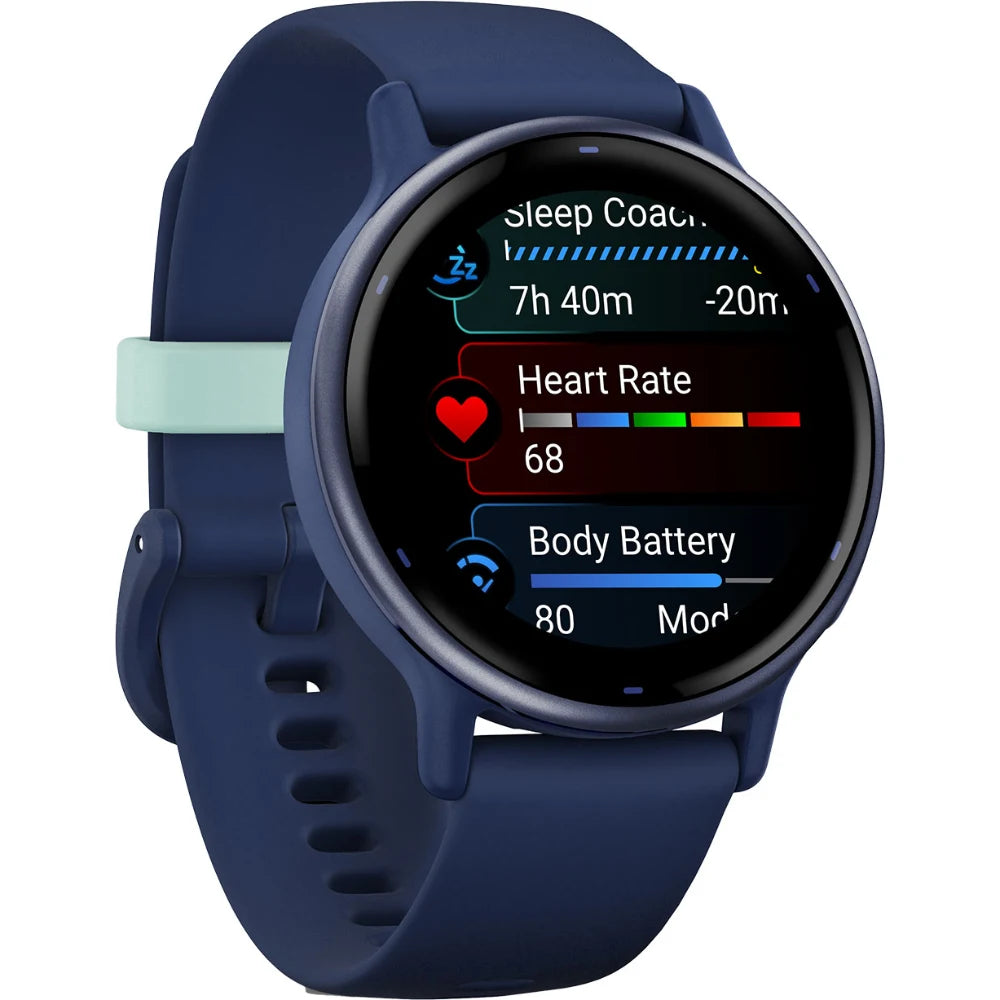 A smartwatch with a dark blue strap displaying health metrics on its screen, including sleep duration, heart rate of 68, and body battery level of 80.