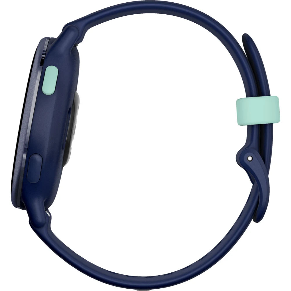 Side view of a navy blue smartwatch with a green button and a mint green adjustable strap.