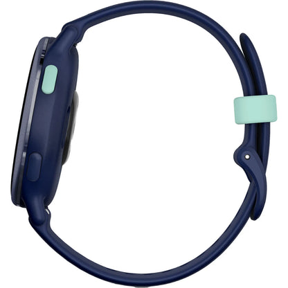 Side view of a navy blue smartwatch with a green button and a mint green adjustable strap.