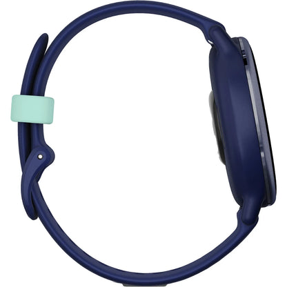 Side view of a navy blue smartwatch with a mint green strap, showcasing its sleek design and modern features.