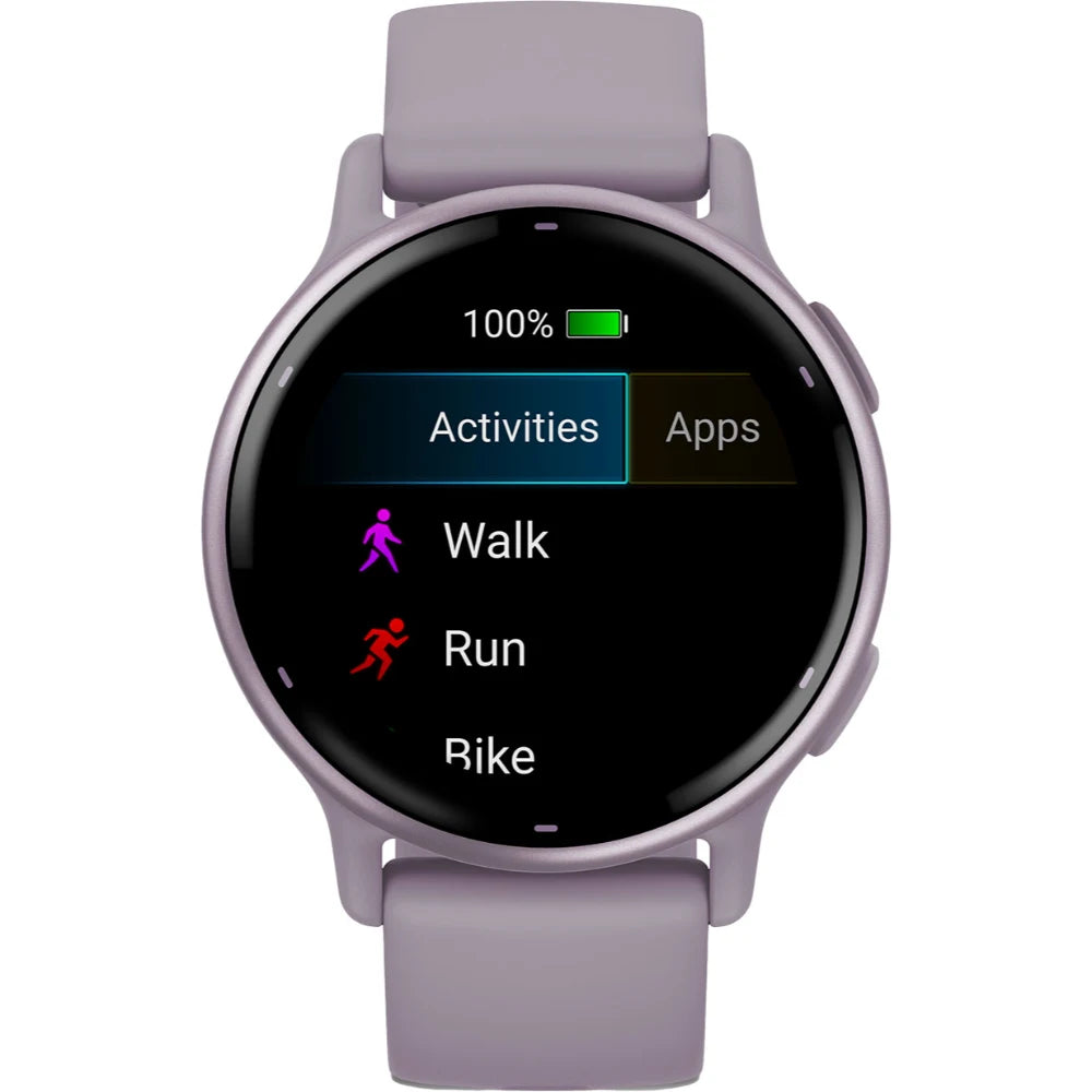 Smartwatch display showing 100% battery, with options for activities including Walk, Run, and Bike, and a menu for Apps.