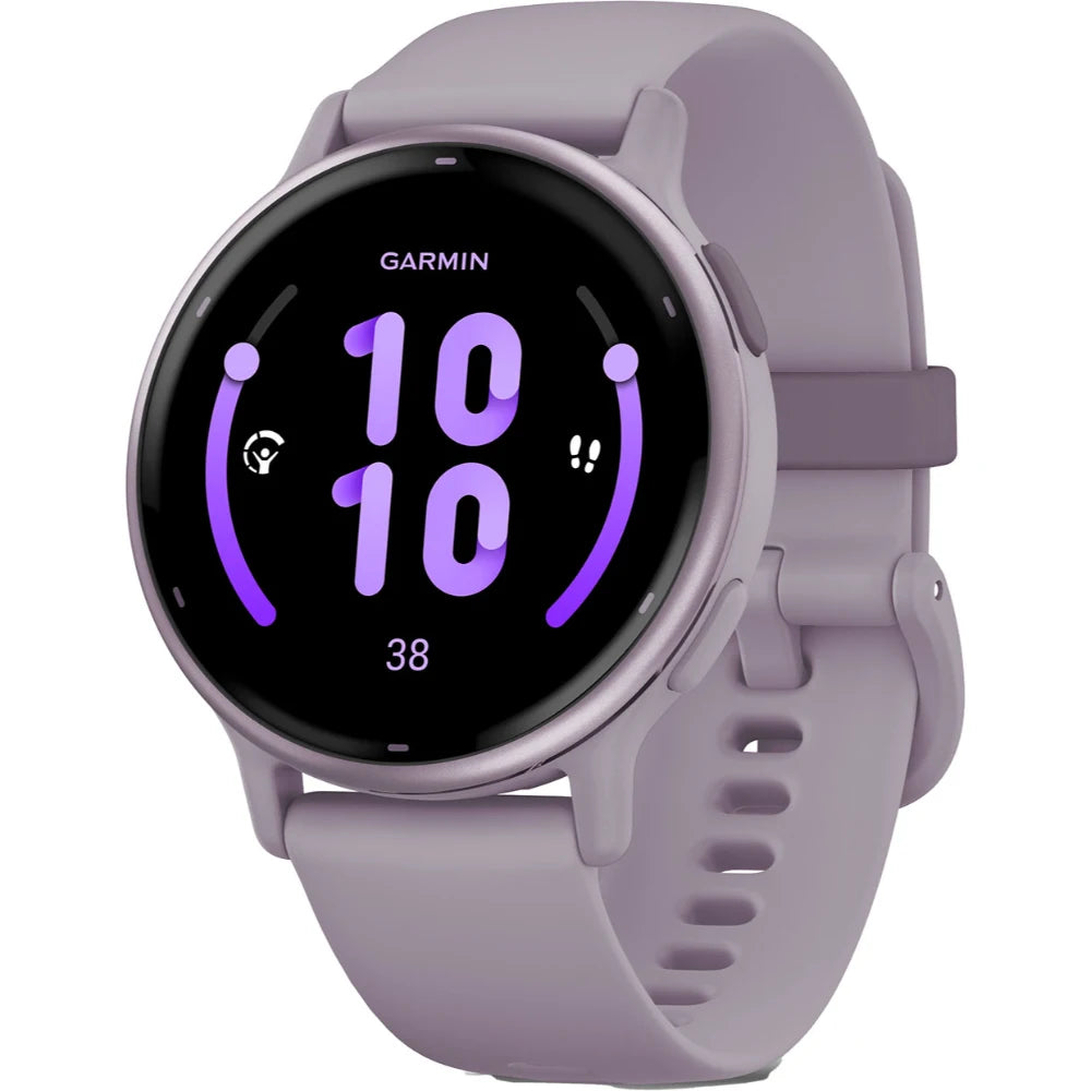 Garmin smartwatch with a round face displaying the time as 10:10 and a purple strap.