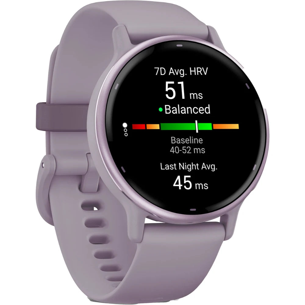 A close-up of a modern smartwatch displaying heart rate variability (HRV) data. The screen shows 7D Avg. HRV 51 ms with a balanced indicator, and additional metrics for baseline and last night's average heart rate variability. The watch has a light purple strap.