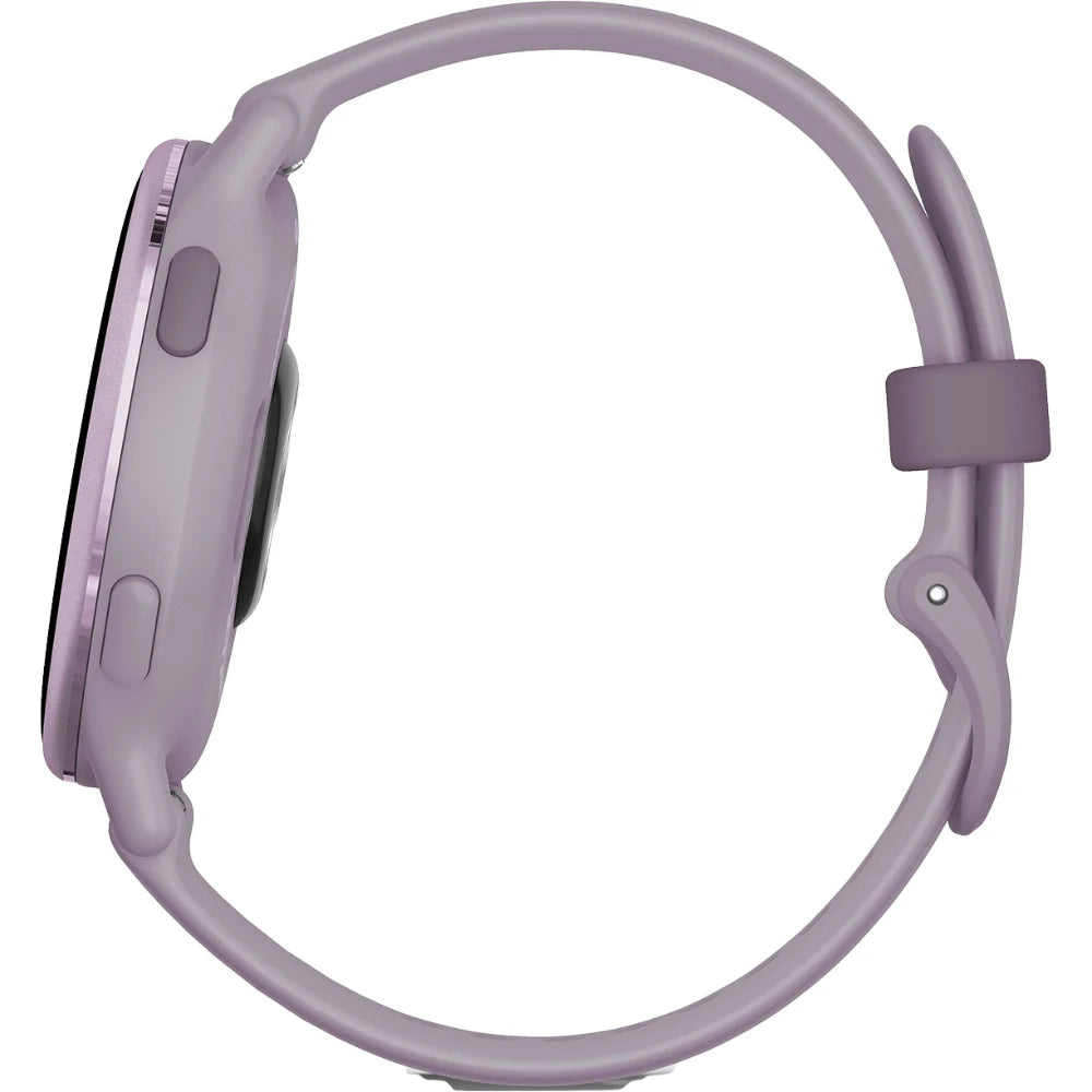 Side view of a purple smartwatch featuring two buttons and a flexible strap.