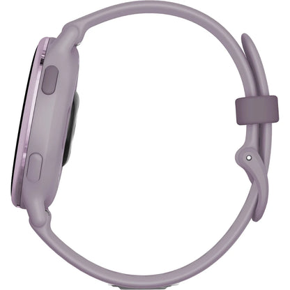 Side view of a purple smartwatch featuring two buttons and a flexible strap.