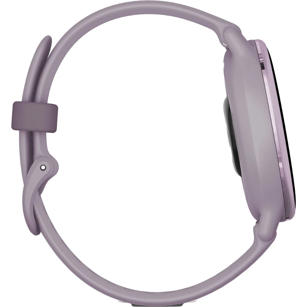 Side view of a stylish smartwatch with a lavender strap and a round face, showcasing its sleek design and modern appearance.