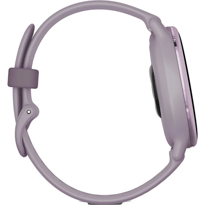 Side view of a stylish smartwatch with a lavender strap and a round face, showcasing its sleek design and modern appearance.