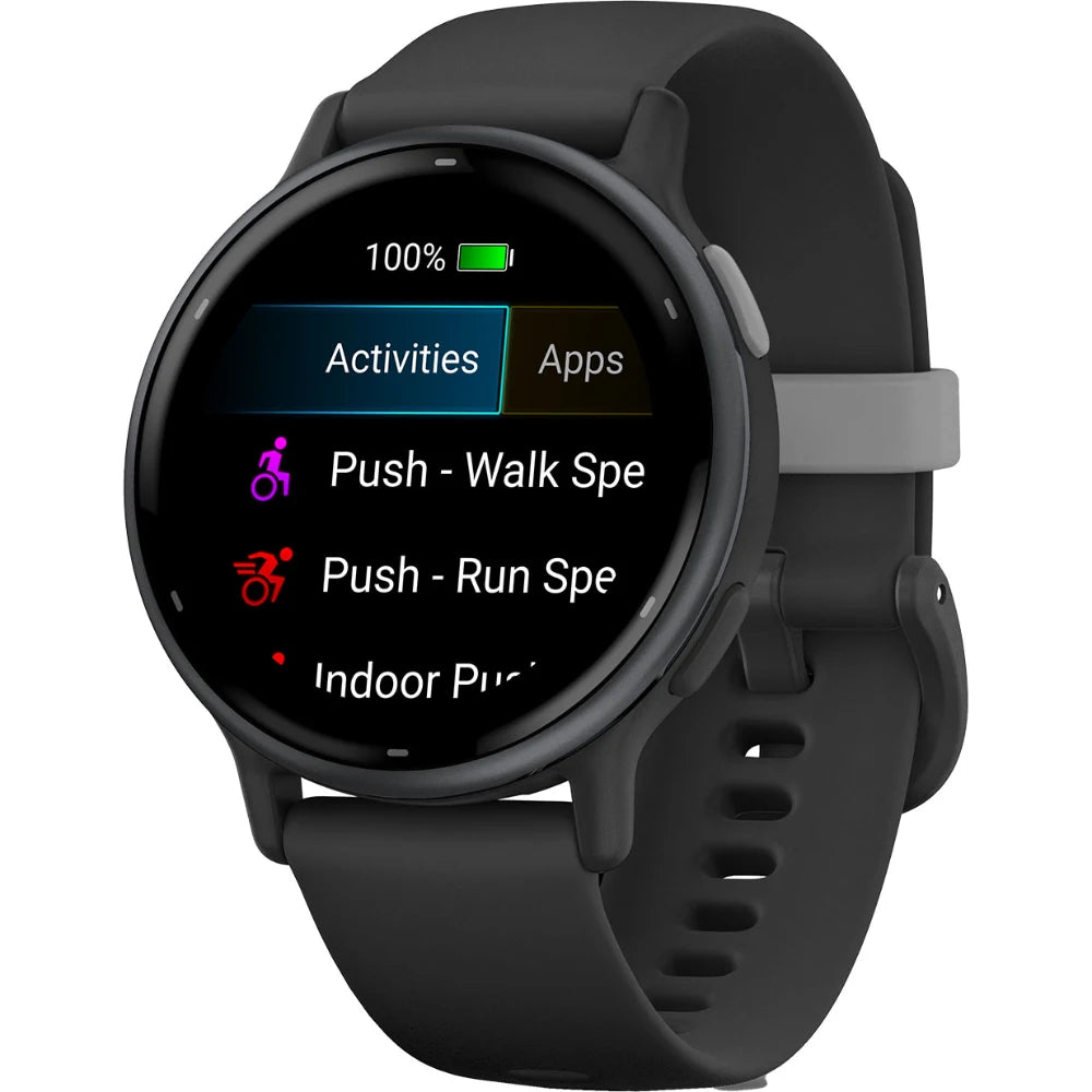 Close-up of a smartwatch displaying a menu with options for activities such as 'Push - Walk Spe,' 'Push - Run Spe,' and 'Indoor Push,' along with a battery indicator showing 100% charge.