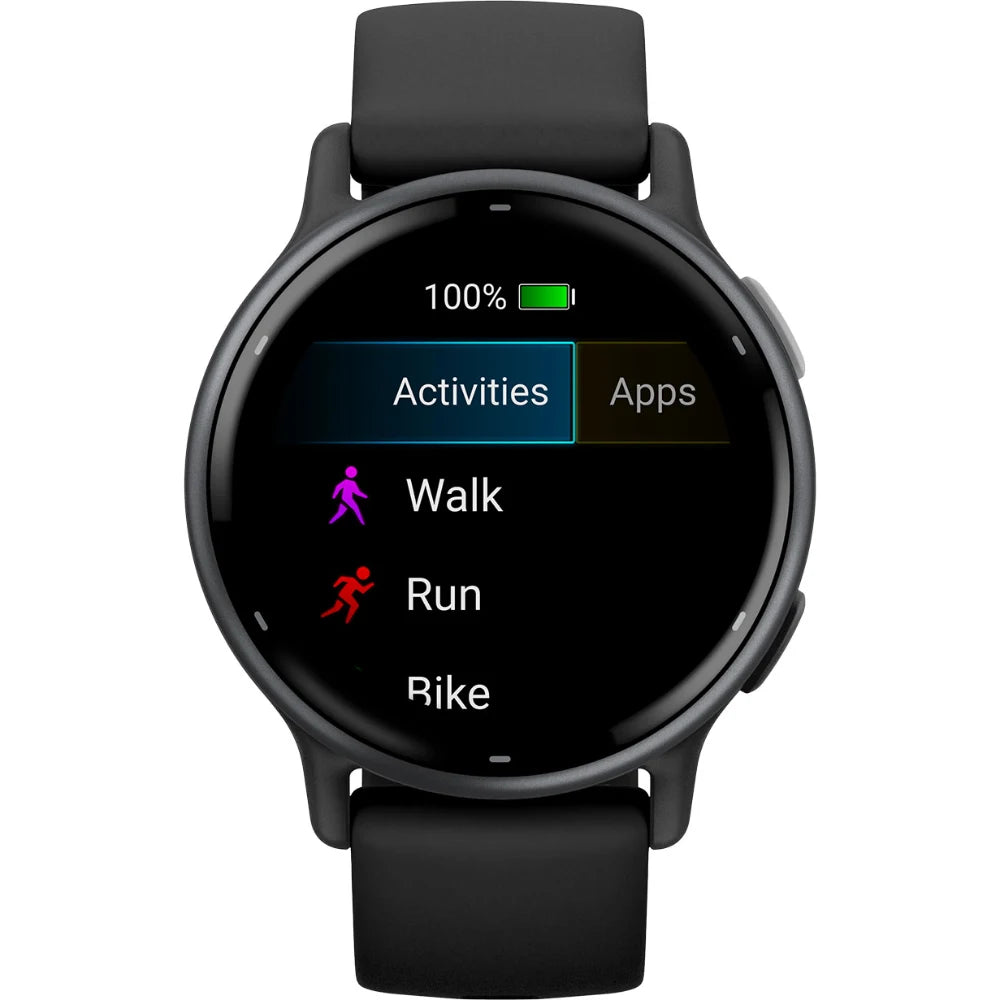Close-up of a smartwatch display showing options for activities including Walk, Run, and Bike, with a battery level indicator at 100%.