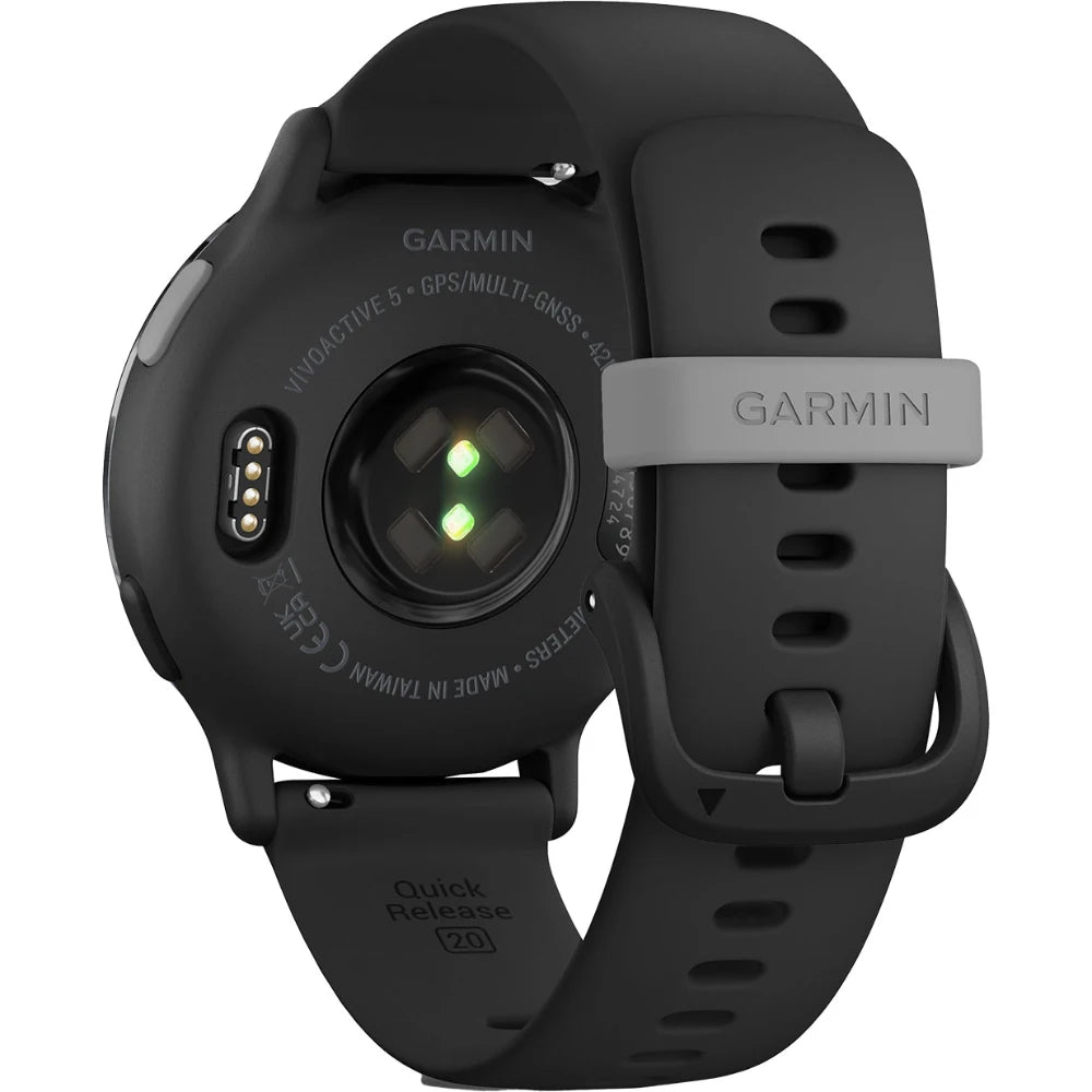 Close-up view of the back of a Garmin Vinoactive 5 smartwatch, highlighting the heart rate sensors and charging contacts, with a black silicone strap featuring a quick-release mechanism.