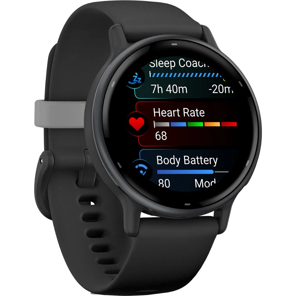 Close-up of a smartwatch displaying health metrics, including heart rate at 68, body battery at 80, and sleep coaching information.
