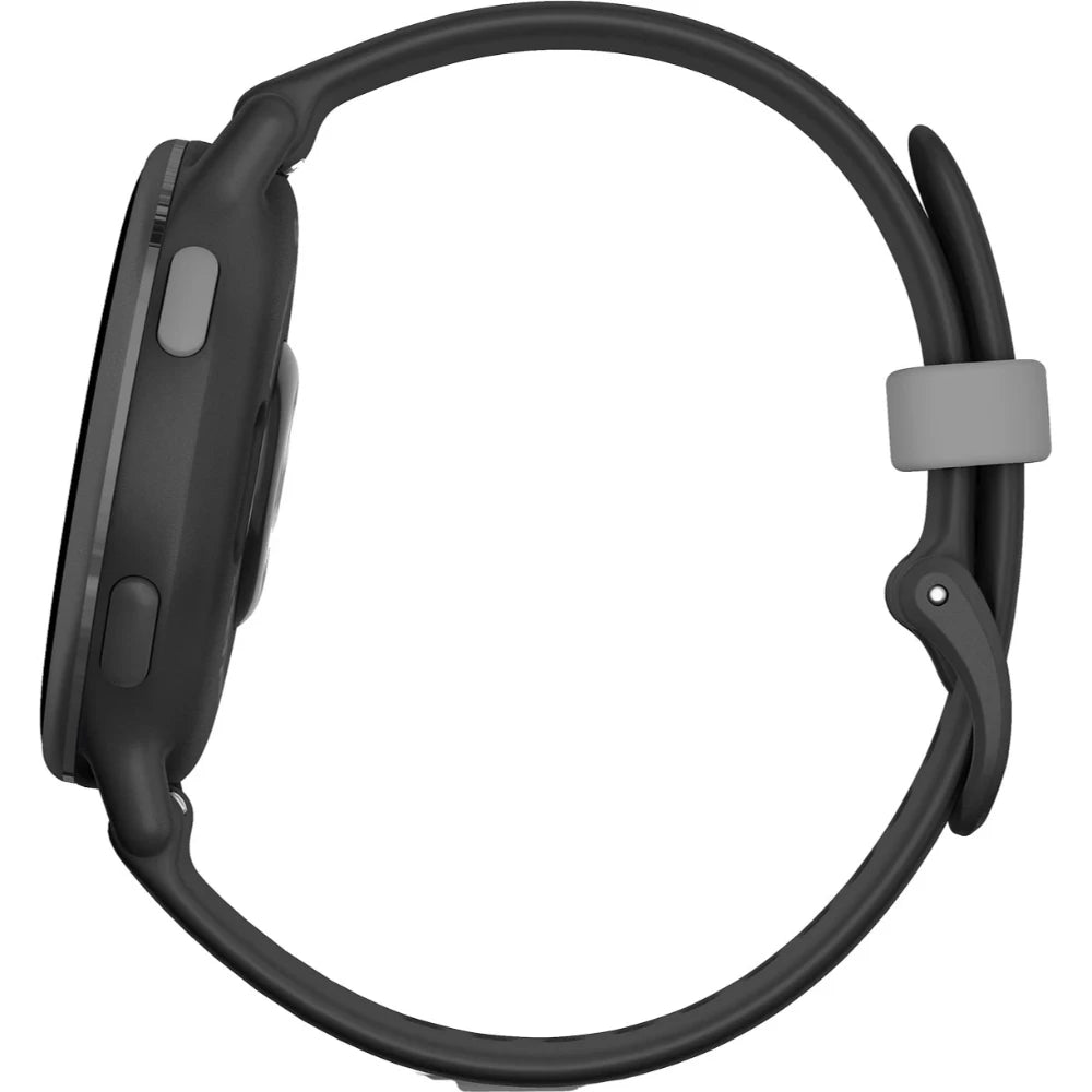 Side view of a sleek black smartwatch with a round face and a flexible strap, featuring buttons on the side.