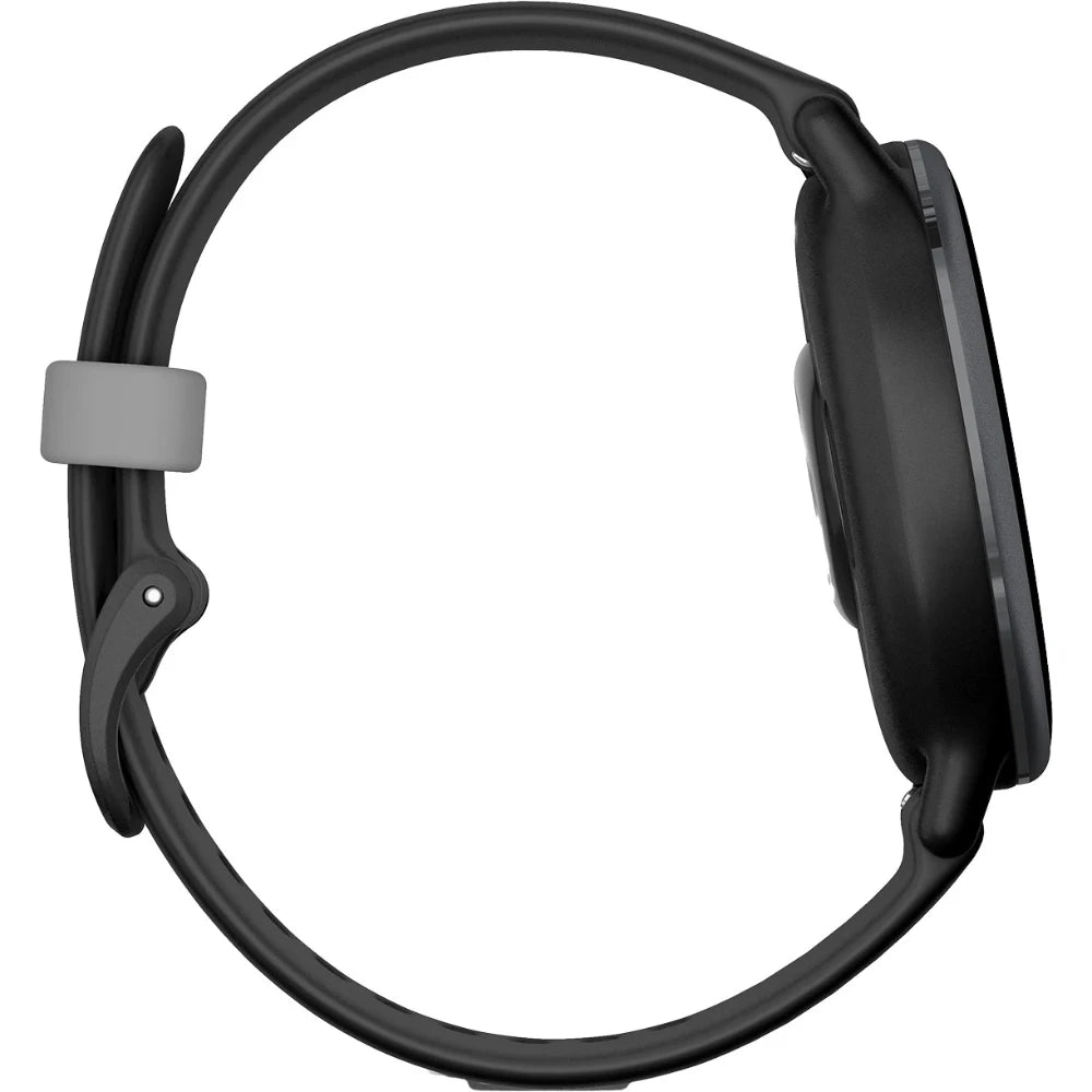 Side view of a sleek black smartwatch with a gray strap, showcasing its modern design and rounded face.