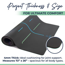 Dark gray yoga mat rolled and partially unrolled showing textured surface with blue and green alignment markings. Circular detail view highlights the mat's layered cushioning. Text indicates 4mm thickness and 72" x 26" dimensions.