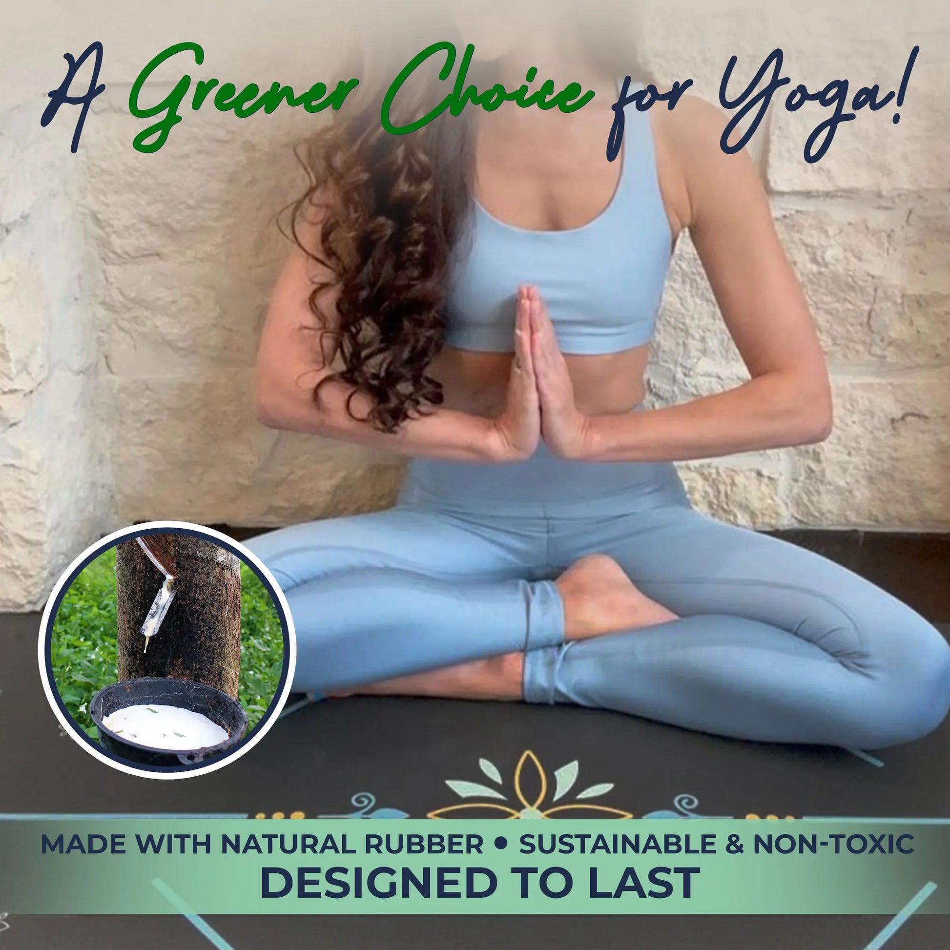 Woman in light blue yoga attire performing a seated pose on a light blue yoga mat against a white brick wall. Inset shows natural rubber material detail of the mat.