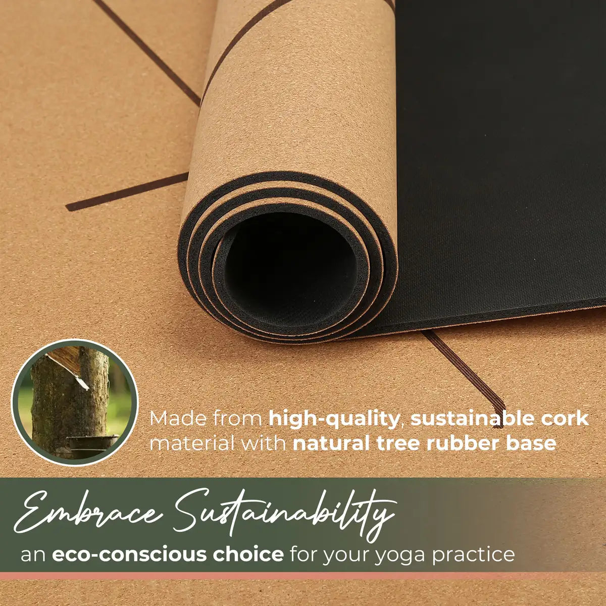 Rolled cork yoga mat with natural tan cork surface and black rubber base, shown from the end view with visible layers and a carrying strap.