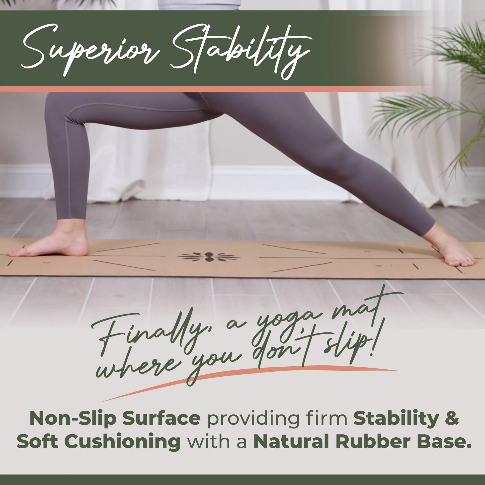 Woman in dark leggings performing a yoga pose on a cork yoga mat with alignment markings and natural rubber base, in a bright room with white curtains and potted plants.