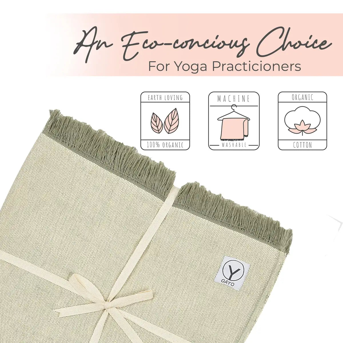 Organic cotton yoga blanket in natural beige with frayed sage green edges, tied with cream ribbon and branded with GAYO logo, displayed flat on white background with care icons showing machine washable and 100% organic cotton composition.