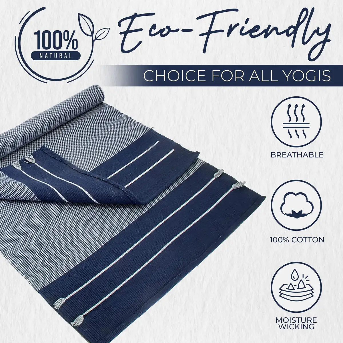 Rolled yoga mat with light blue and dark navy striped cotton fabric, featuring white piping details and corner ties on a white background.