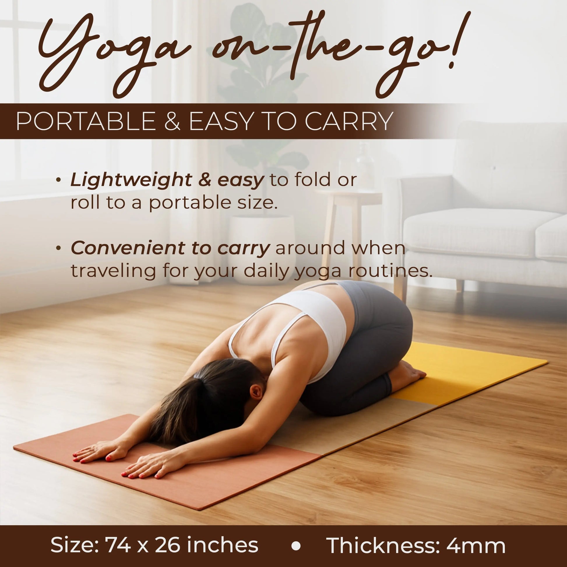 Woman in child's pose on a two-tone yoga mat (terracotta and yellow) in a bright living room with wooden flooring. Mat dimensions 74 x 26 inches, 4mm thickness.