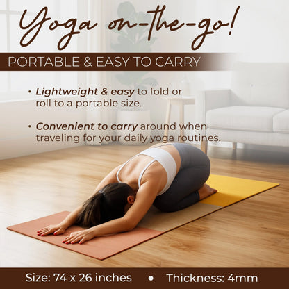 Woman in child's pose on a two-tone yoga mat (terracotta and yellow) in a bright living room with wooden flooring. Mat dimensions 74 x 26 inches, 4mm thickness.
