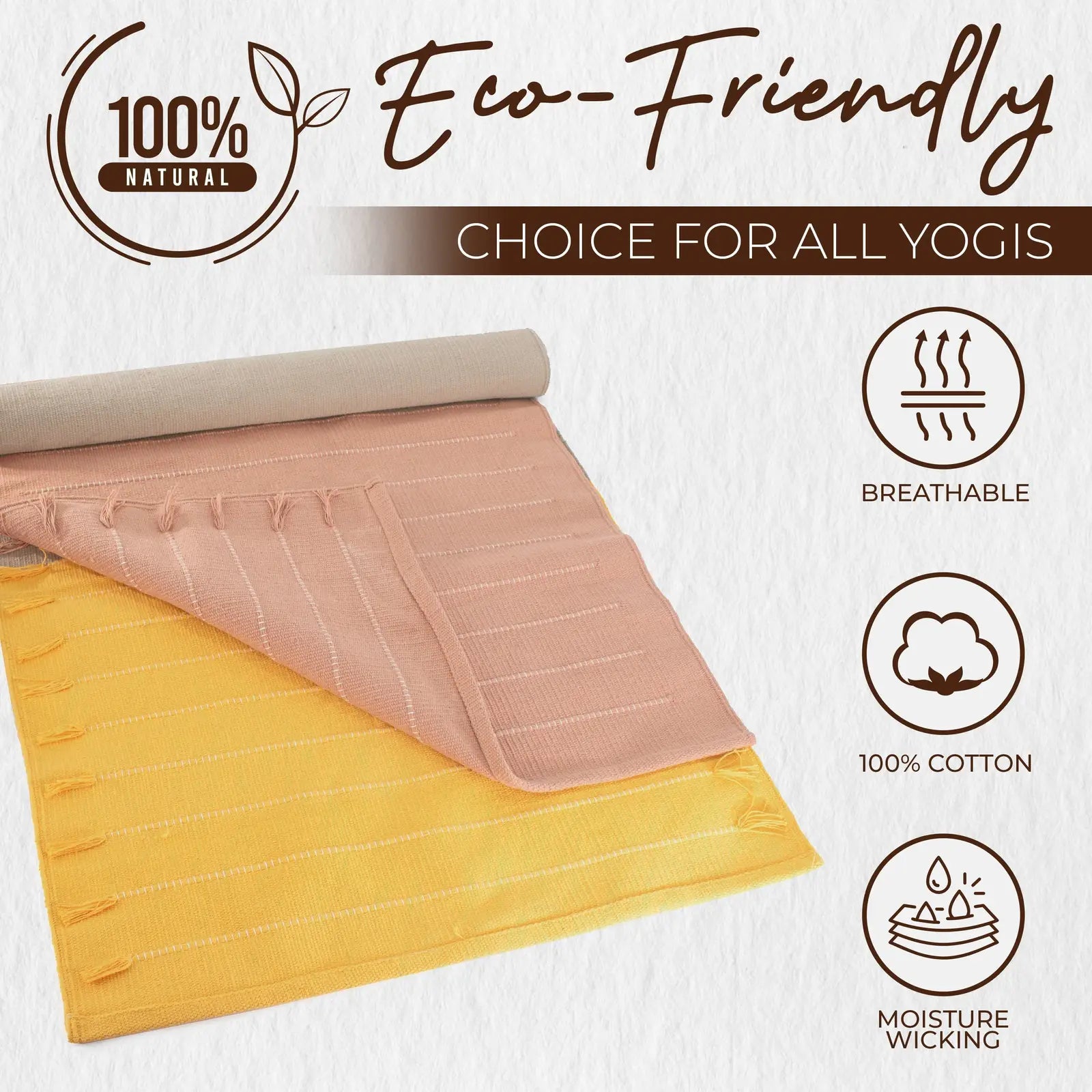 Rolled eco-friendly yoga mat displaying layers of beige, pink, and yellow cotton fabric with quilted texture. Mat features breathable material, 100% cotton construction, and moisture-wicking properties.