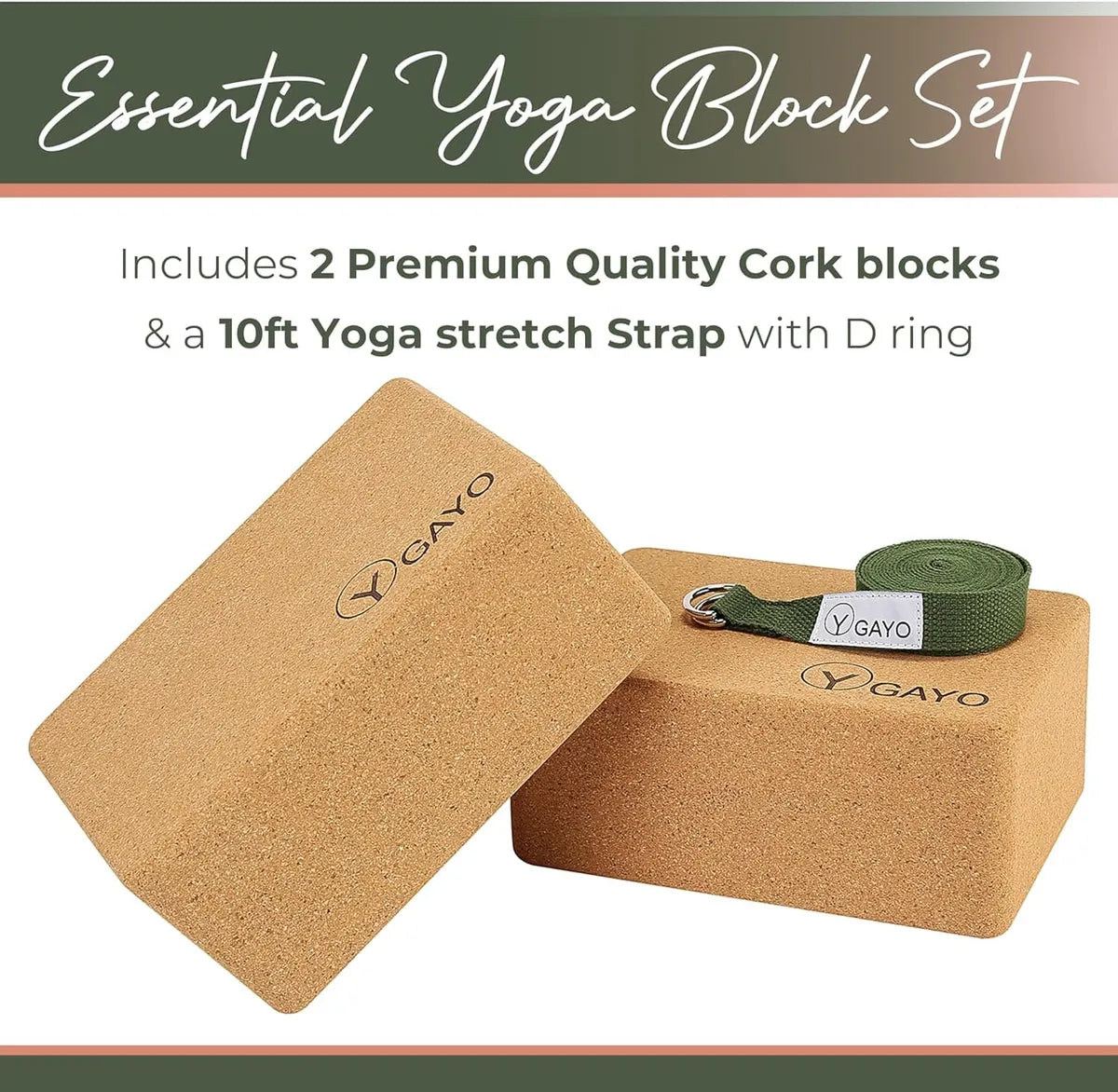 Two natural cork yoga blocks with rounded edges and a green cotton yoga stretch strap with D ring and metal buckle, displayed on a white background.