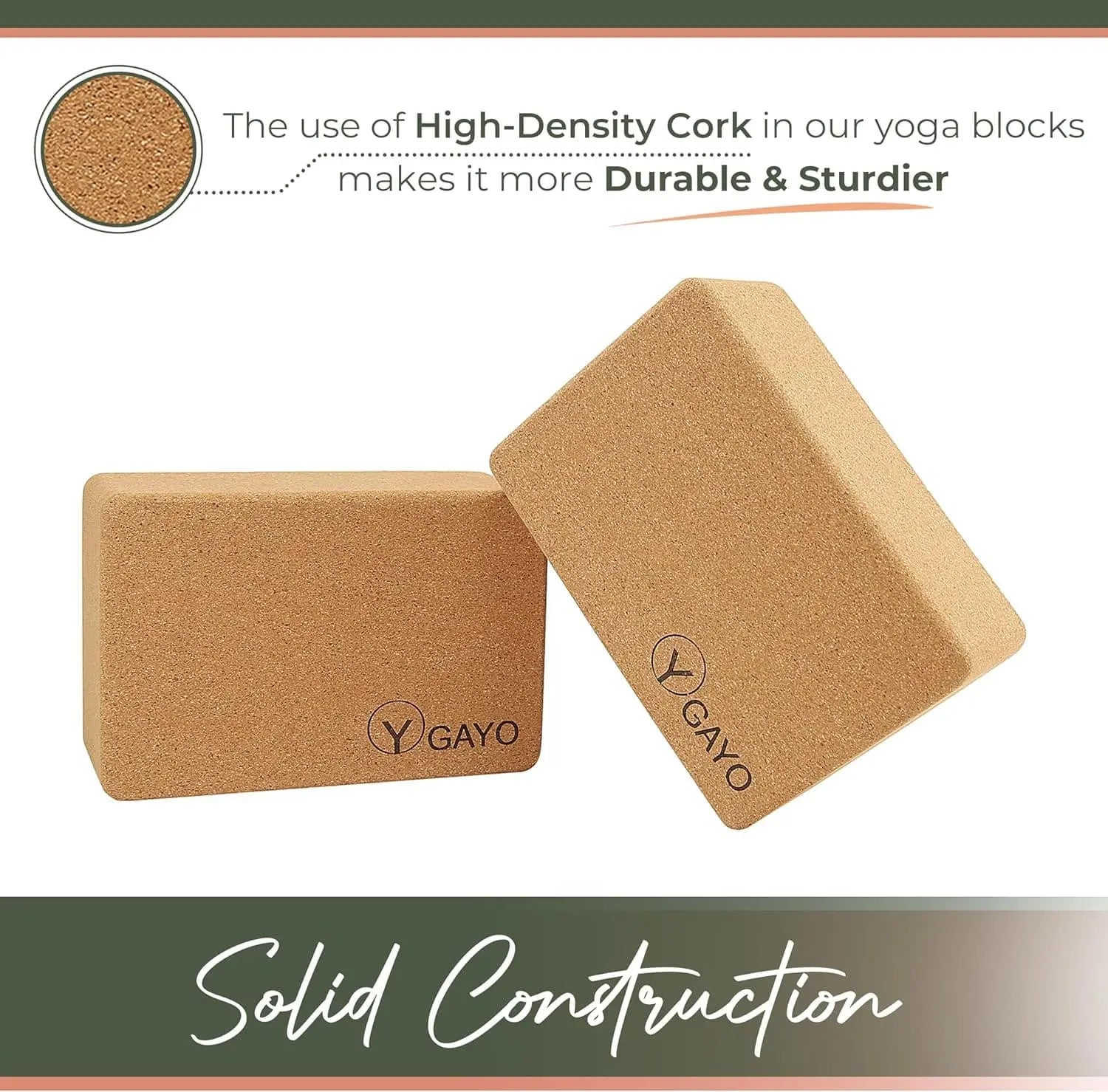 Two natural cork yoga blocks with textured surface and rounded edges, one laid flat and one angled, with "GAYO" branding visible. Close-up circular inset shows high-density cork material detail.