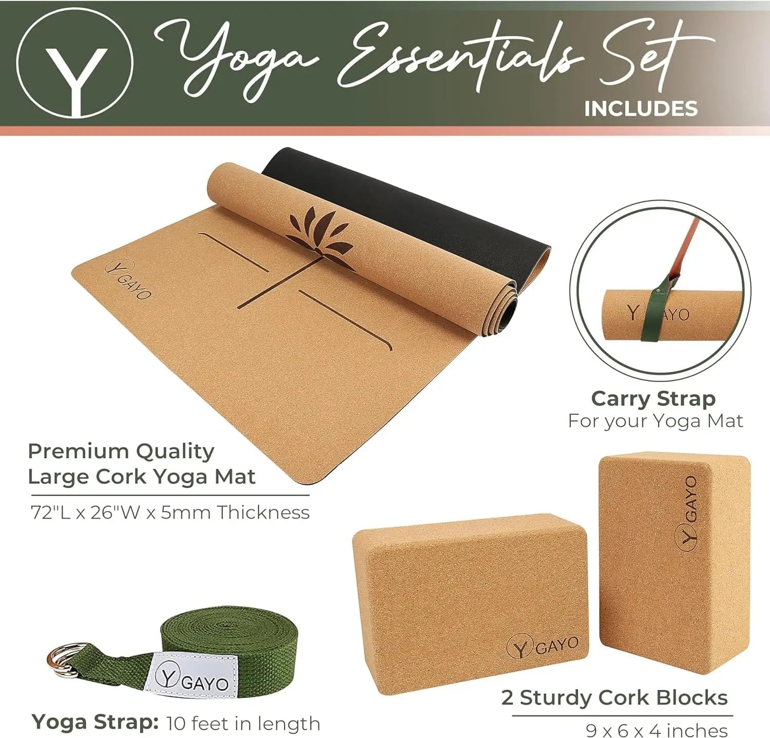 Cork yoga mat in natural tan with lotus design and black underside, rolled and displayed next to a green fabric yoga strap, a green carry strap with leather accent, and two rectangular cork yoga blocks. Set includes 72"L x 26"W mat, 10-foot yoga s...