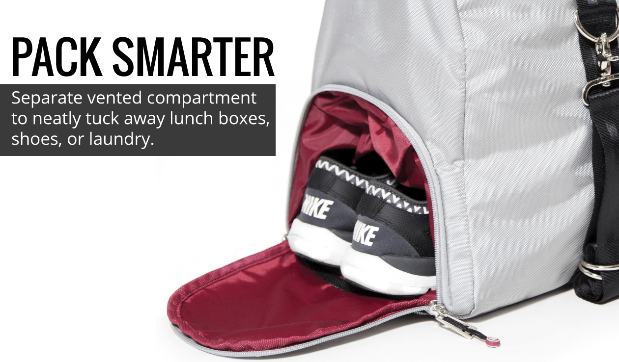 Gray gym bag showing a separate ventilated shoe compartment with sneakers inside.