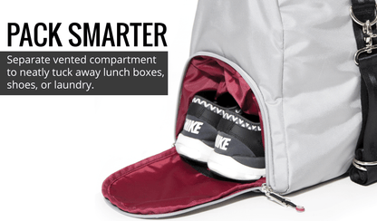 Gray gym bag showing a separate ventilated shoe compartment with sneakers inside.