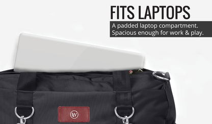 Black gym bag with a padded laptop compartment showing a laptop.