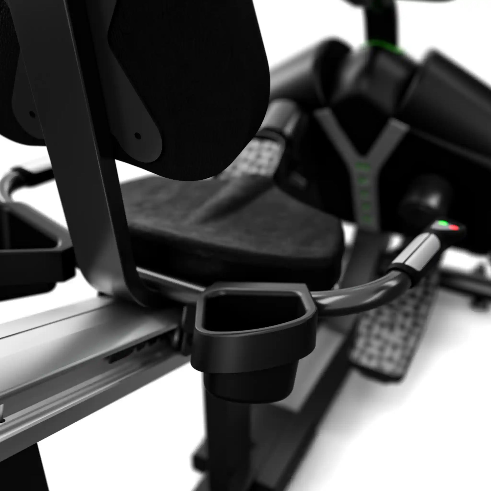 Close-up of Helix Recumbent Lateral Elliptical with cup holder and armrests on a white background