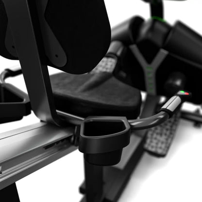 Close-up of Helix Recumbent Lateral Elliptical with cup holder and armrests on a white background