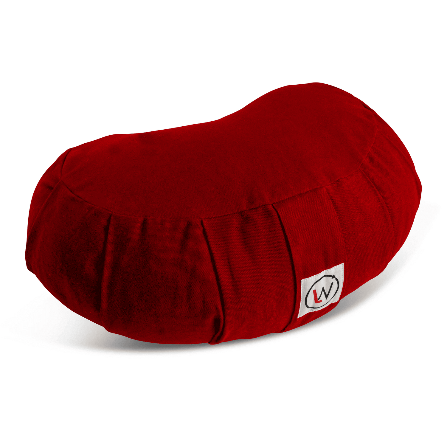 Soft red bean bag cushion with a white square tag.