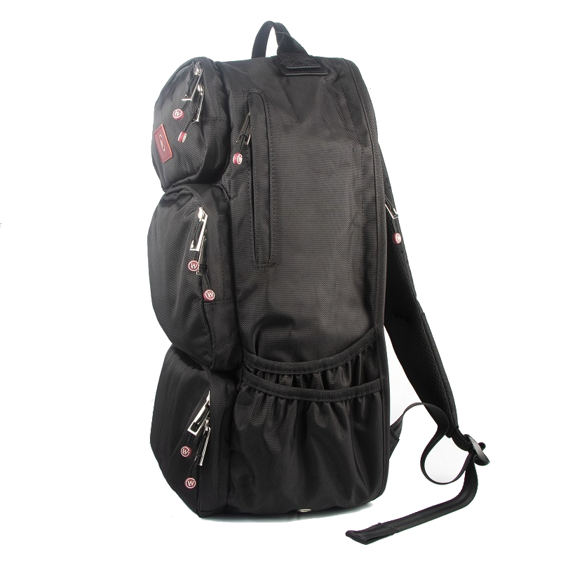 Black multi-pocket backpack with side and front zip compartments.